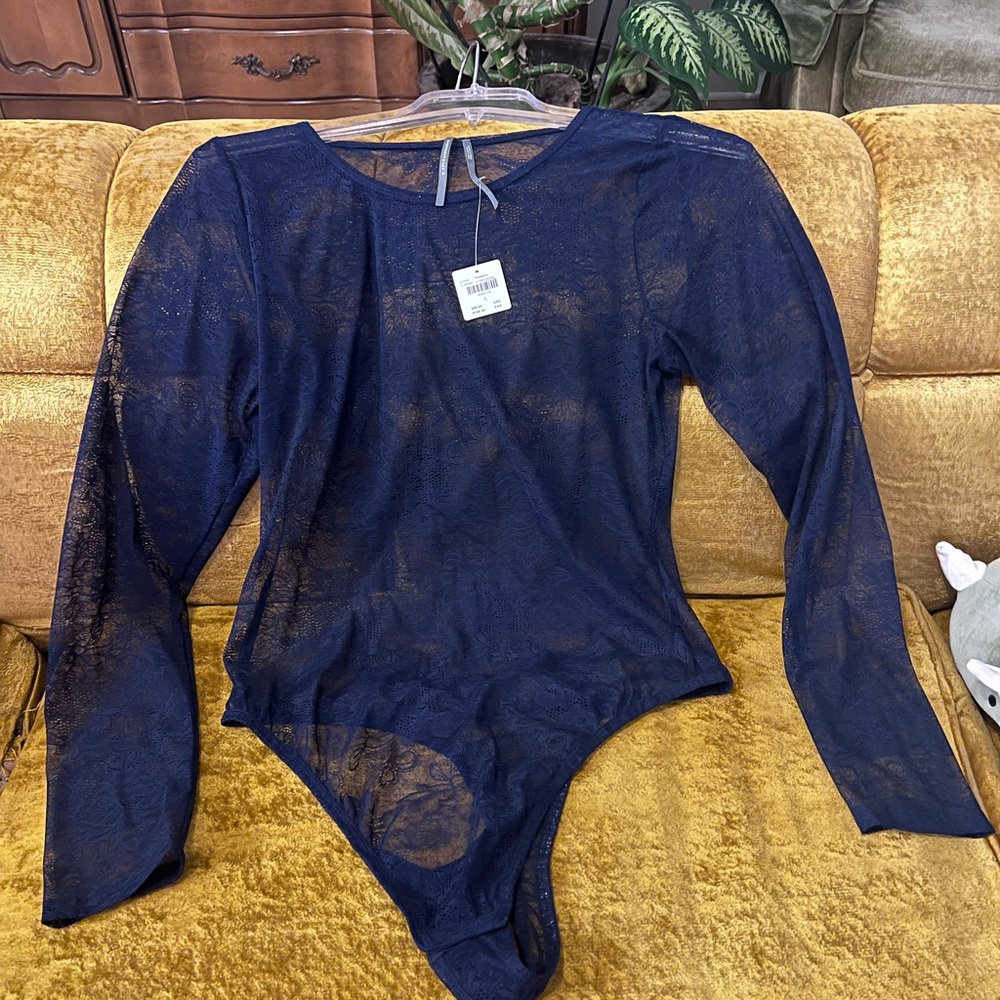 Anthropologie Sheer Lace Navy Blue Bodysuit